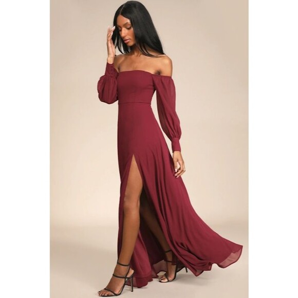 Lulus Burgundy Off Shoulder Maxi Dress Extra Small Long Sleeve Formal NWT - Picture 3 of 10